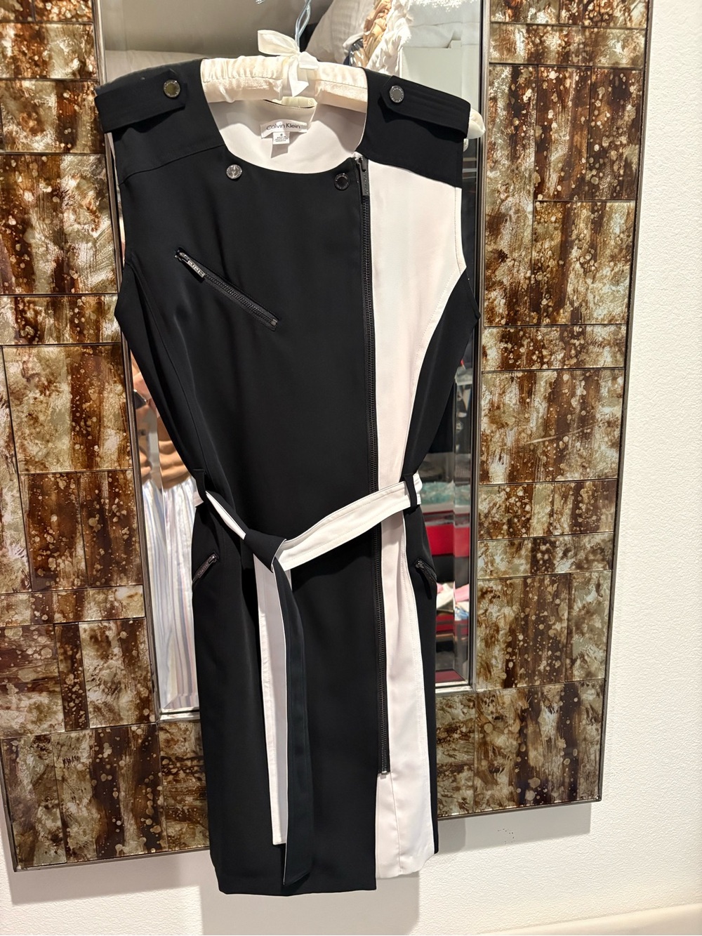 Calvin Klein Black and White Sleeveless Zip-Front Dress